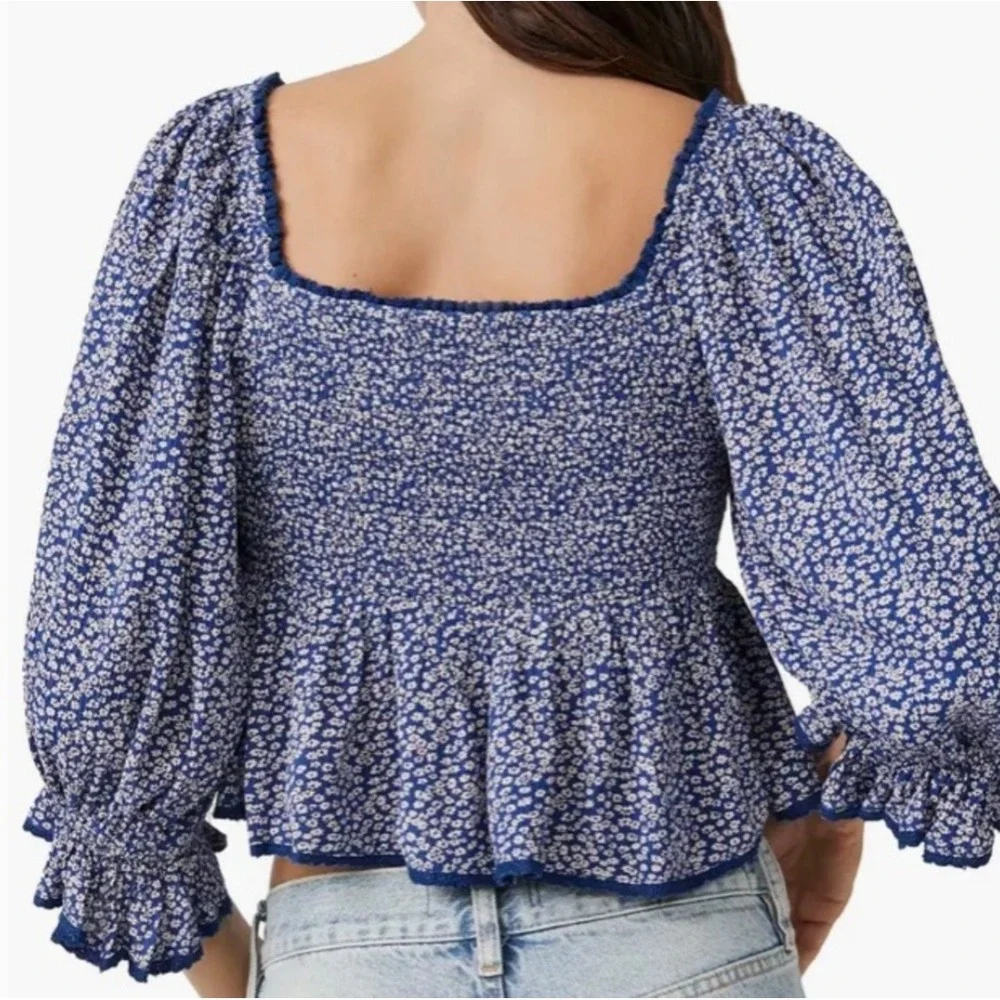 Free People NWT Brittnee Ditzy Floral Smocked Bodice Peplum Top Sz L Puff Sleeve